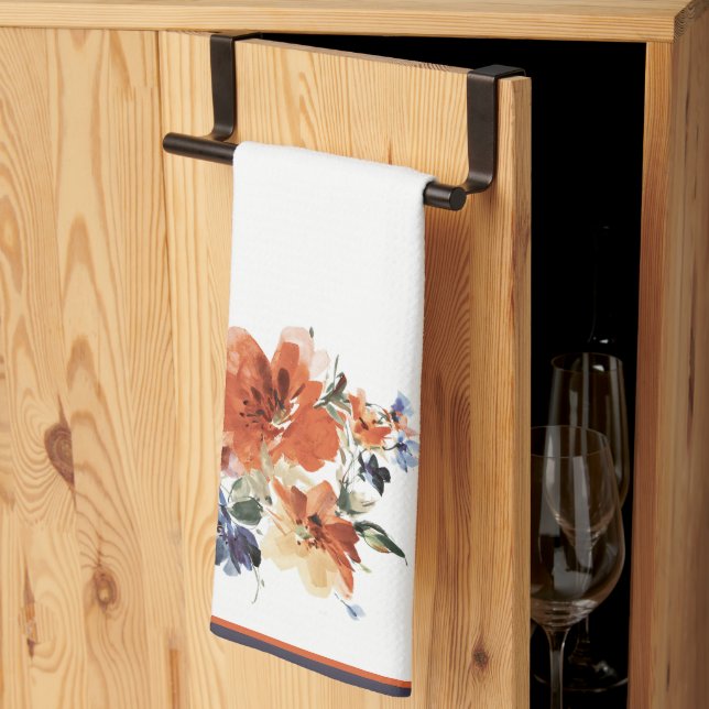 Orange and blue watercolor floral  tea towel (Thirds Fold)