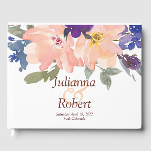 Orange and blue watercolor floral  wedding  guest  book