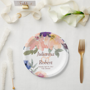 Orange and blue watercolor floral  wedding paper p plate