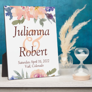 Orange and blue watercolor floral  wedding  plaque