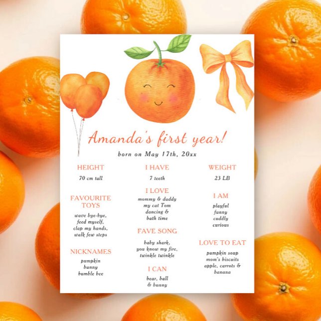 Orange and Bow First Birthday Milestone Birthday Poster (Creator Uploaded)