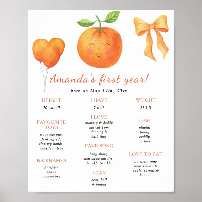 Orange and Bow First Birthday Milestone Birthday Poster (Front)