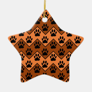 Orange And Brown Chevron With Dog Paw Pattern Ceramic Tree Decoration