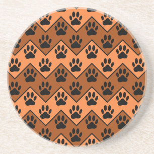 Orange And Brown Chevron With Dog Paw Pattern Coaster