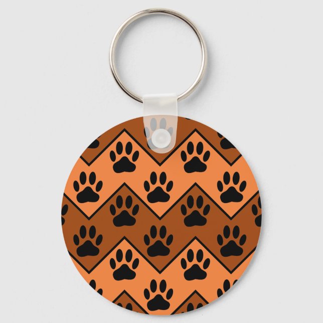Orange And Brown Chevron With Dog Paw Pattern Key Ring (Front)