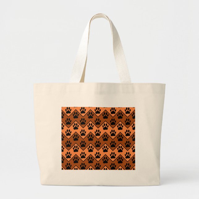 Orange And Brown Chevron With Dog Paw Pattern Large Tote Bag (Front)