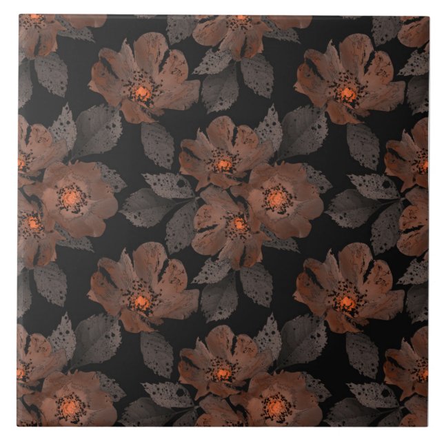 Orange and brown flowers on a black background. tile (Front)