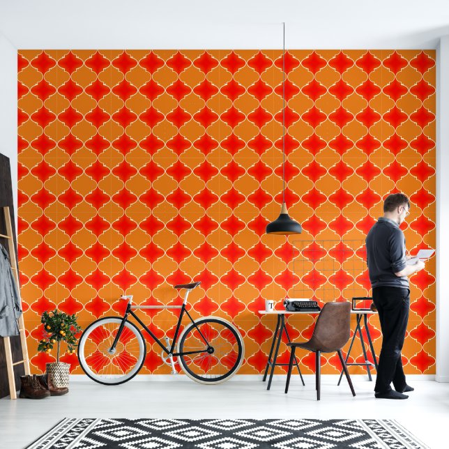 Orange and chilli red moroccan pattern  wallpaper (Living Room)