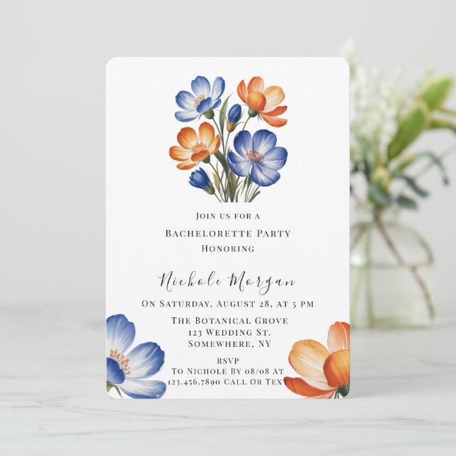Orange and Cobalt Blue Floral Bachelorette Party Invitation (Standing Front)
