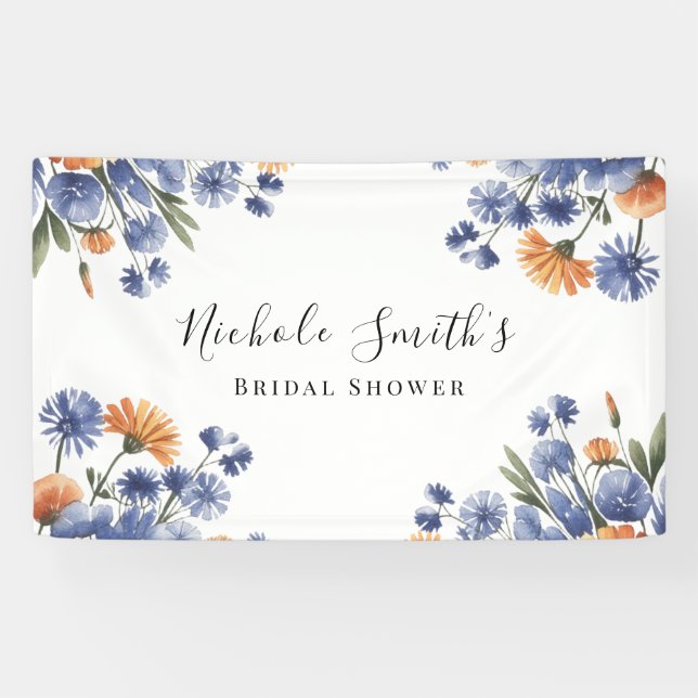 Orange and Cobalt Blue Floral Bridal Shower Banner (Horizontal)