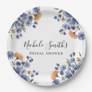 Orange and Cobalt Blue Floral Bridal Shower Paper Plate