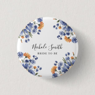 Orange and Cobalt Blue Floral Bride To Be 3 Cm Round Badge