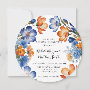 Orange and Cobalt Blue Floral Wedding Celebration Invitation