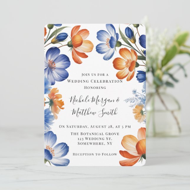 Orange and Cobalt Blue Floral Wedding Celebration Invitation (Standing Front)