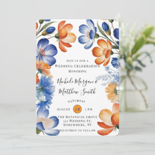 Orange and Cobalt Blue Floral Wedding Celebration Invitation