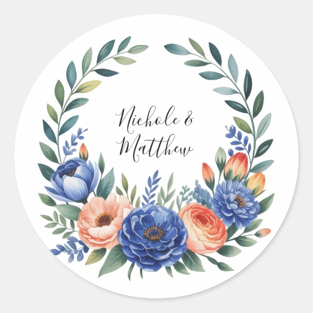 Orange and Cobalt Blue Floral Wedding Classic Round Sticker (Front)