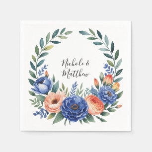 Orange and Cobalt Blue Floral Wedding Napkin