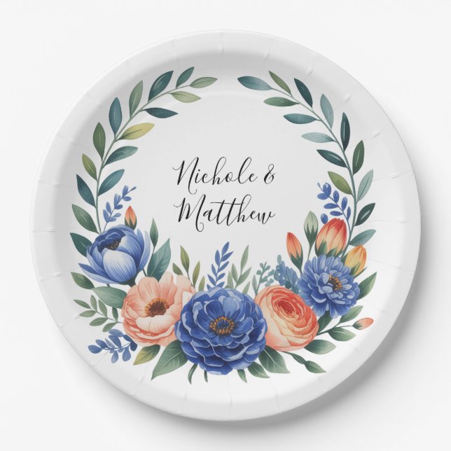 Orange and Cobalt Blue Floral Wedding Paper Plate (Front)