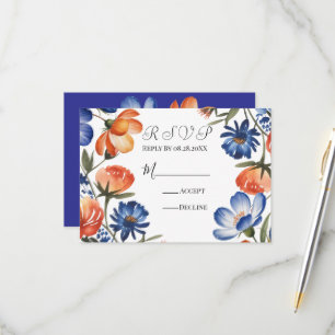 Orange and Cobalt Blue Floral Wedding RSVP Card