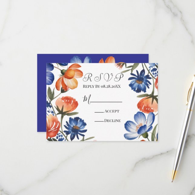Orange and Cobalt Blue Floral Wedding RSVP Card (Front/Back In Situ)