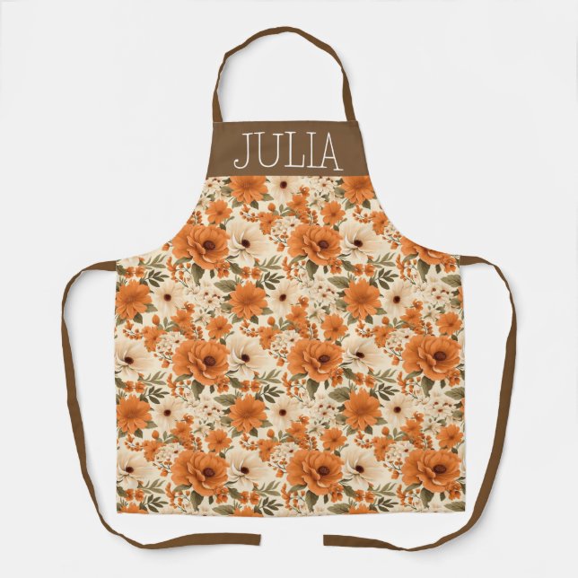 Orange and Cream Floral Thanksgiving Apron (Front)