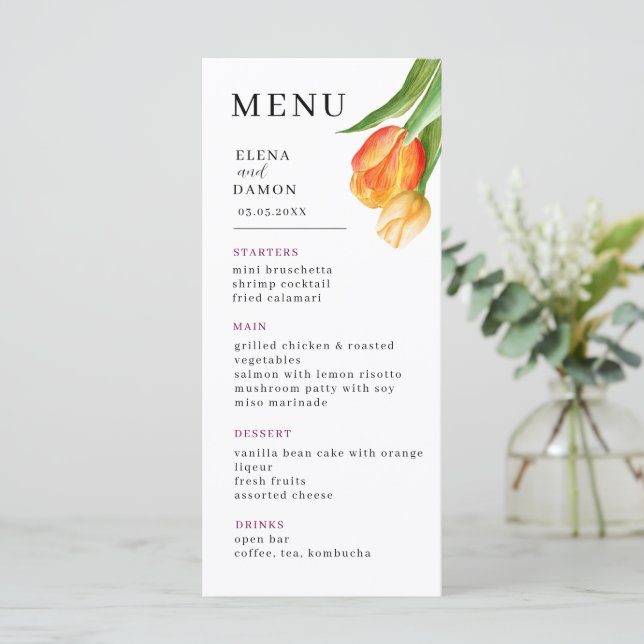 Orange and Cream Tulip Wedding Menu (Standing Front)