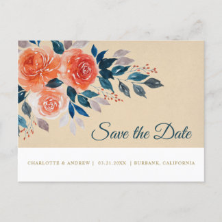 Orange and Cream Watercolor Floral Save The Date Announcement Postcard