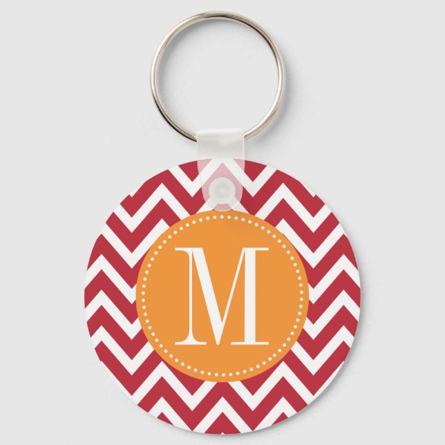 Orange and Dark Red Chevron Custom Monogram Key Ring (Front)