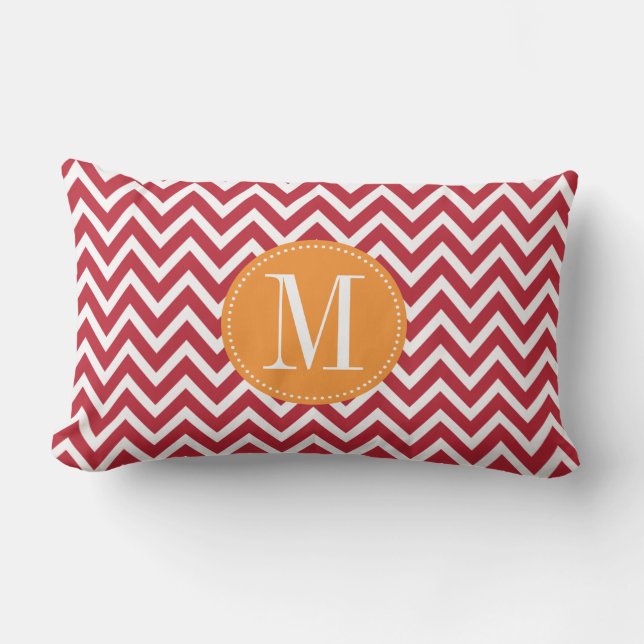 Orange and Dark Red Chevron Custom Monogram Lumbar Cushion (Front)