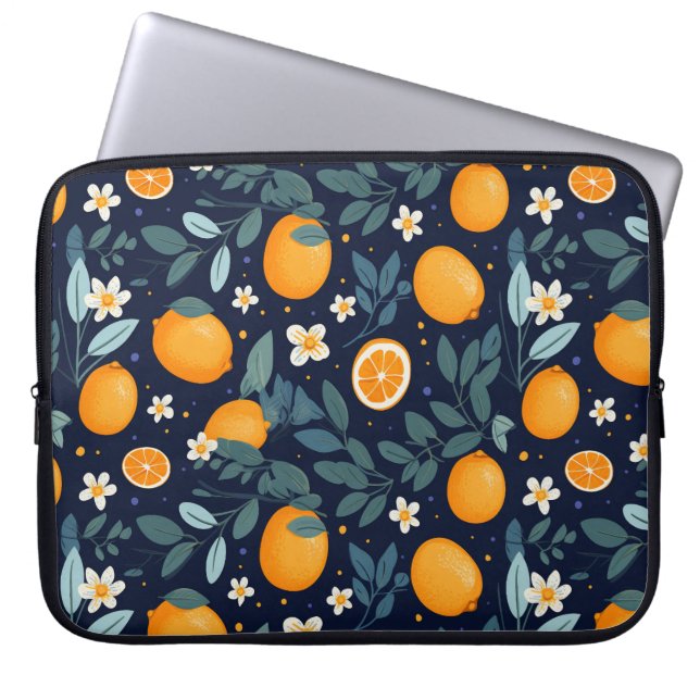 Orange and Floral Delight Pattern Laptop Sleeve (Front)