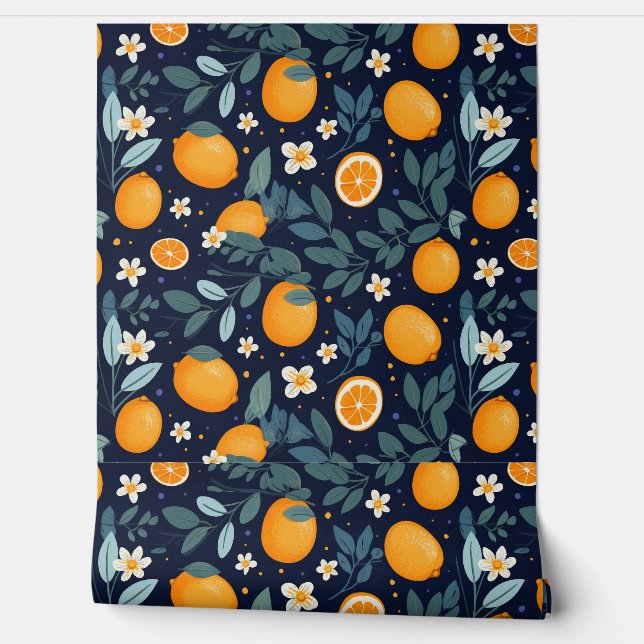 Orange and Floral Delight Pattern Wallpaper (Unrolling)