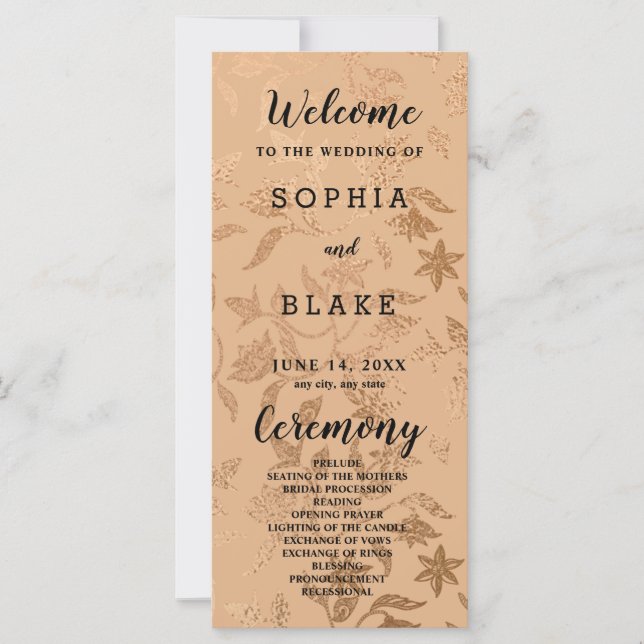 Orange and Floral Metallic Wedding Program (Front)