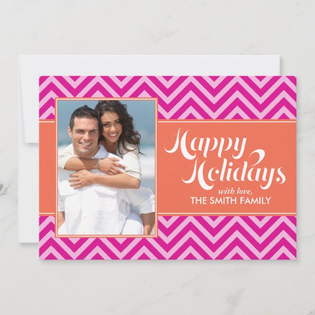 Orange and Fuchsia Chevrons Holiday Cards (Front)