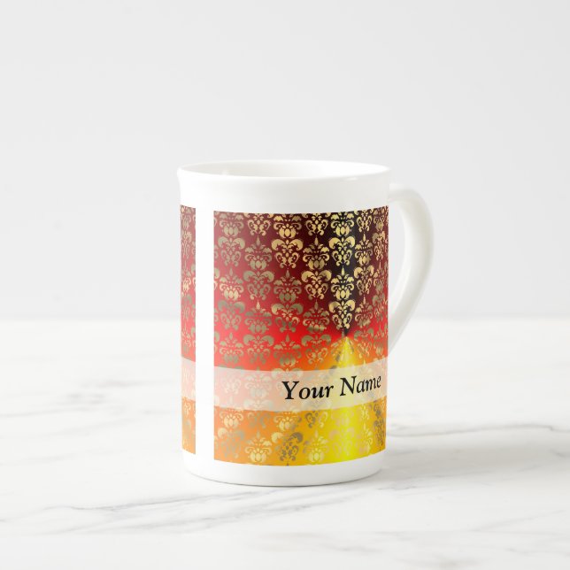 Orange and gold  damask pattern bone china mug (Front Right)