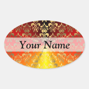 Orange and gold damask pattern oval sticker