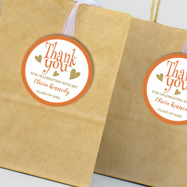 Orange And Gold Graduation Party Thank You Favour  Classic Round Sticker (Orange And Gold Graduation Party Thank You Favor Classic Round Sticker
)
