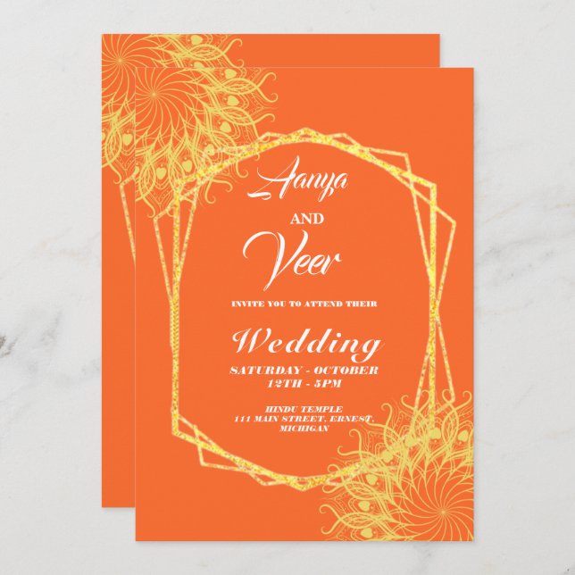 orange and Gold Peacock Indian Wedding Invitation (Front/Back)