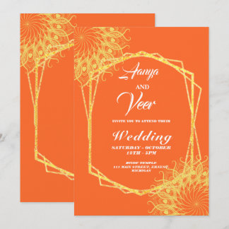 orange and Gold Peacock Indian Wedding Invitation