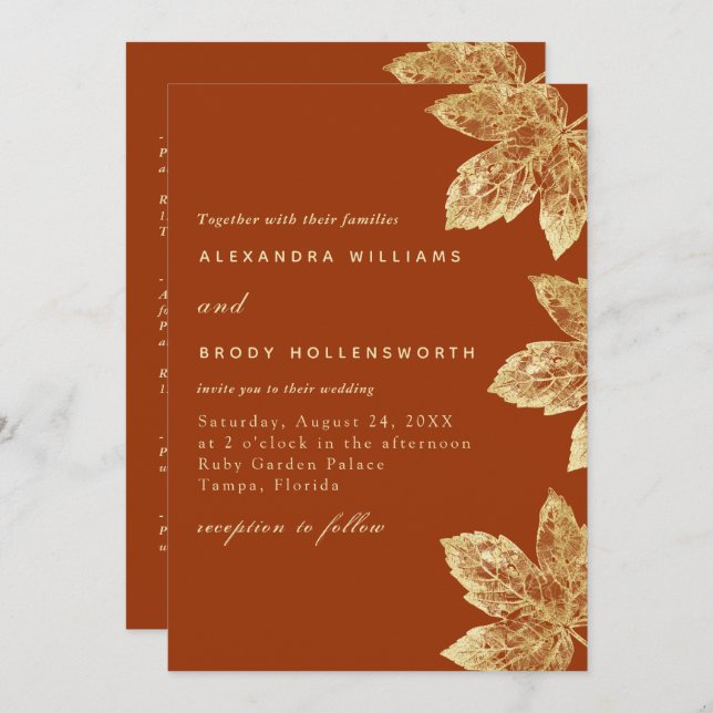 Orange And Gold Rustic Leaf All In One Wedding Invitation (Front/Back)