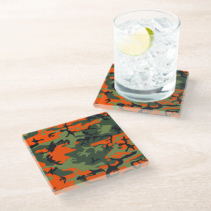 Orange and Green Camouflage, Military, Army Glass Coaster