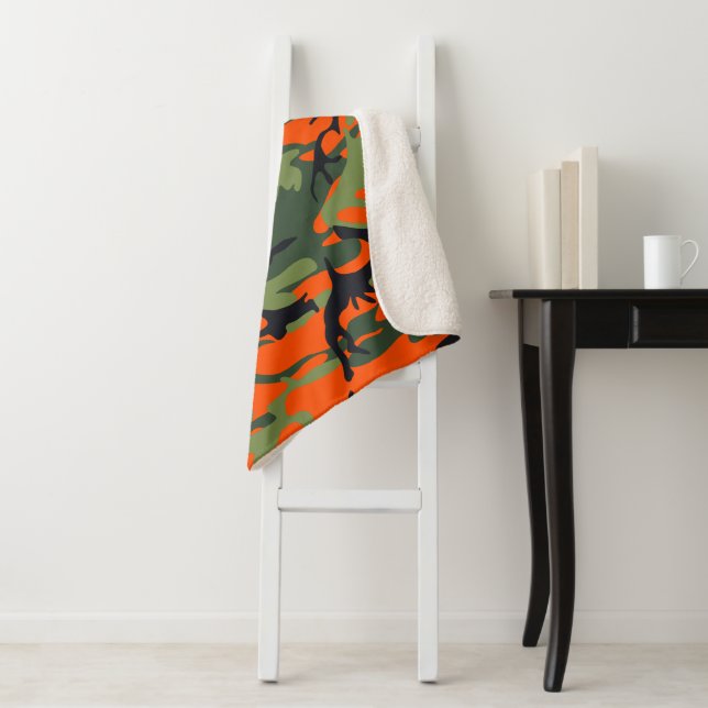 Orange and Green Camouflage, Military, Army Sherpa Blanket (In Situ)