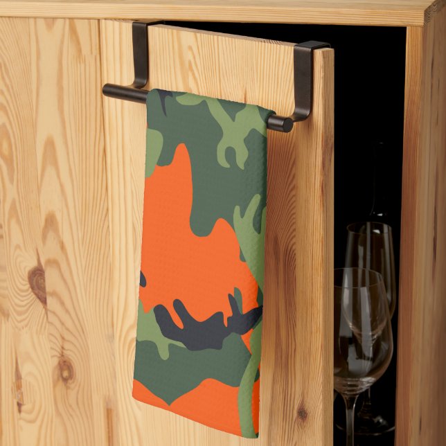 Orange and Green Camouflage, Military, Army Tea Towel (Thirds Fold)