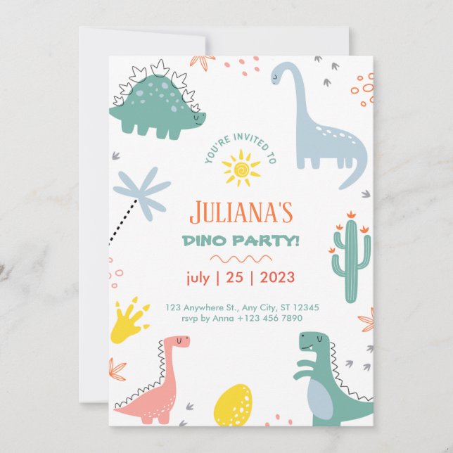 Orange And Green Childish Dinosaur Birthday  Invitation (Front)