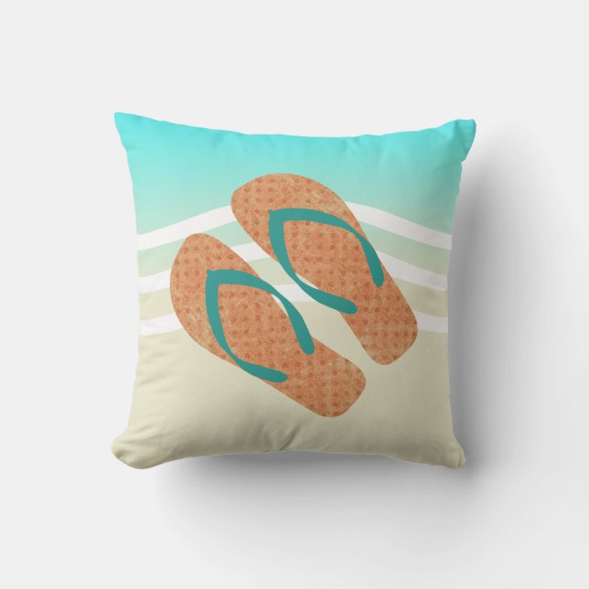 Orange And Green  Flip Flops Aqua Beach Waves Cushion (Front)