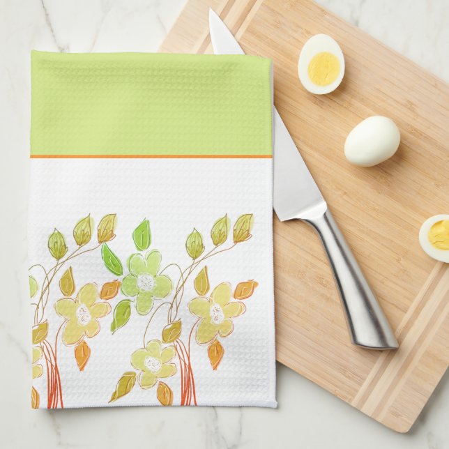 Orange and Green Floral Accented Kitchen Towel (Quarter Fold)