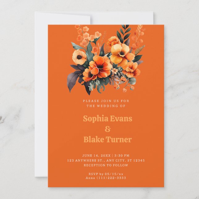 Orange and Green Floral Bouquet Orange Wedding Invitation (Front)