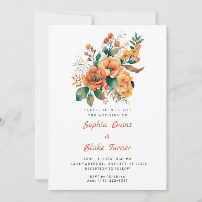 Orange And Green Floral Bouquet White Wedding Invitation (Front)