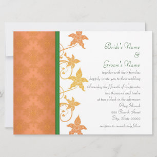 Orange and Green Floral Damask Wedding Invitations