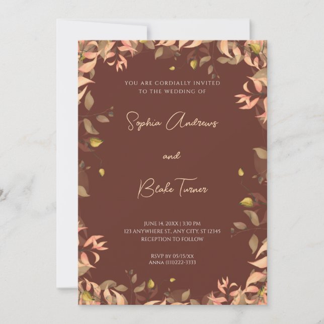 Orange and Green Floral Leaves Brown Wedding Invitation (Front)