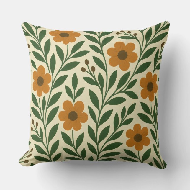 Orange and Green Flowers Throw Pillow (Front)